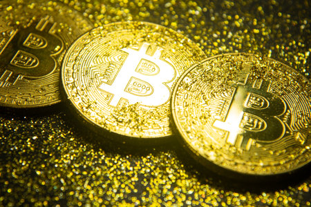 Bitcoin. Crypto currency Gold Bitcoin, BTC on black background Blockchain technology, bitcoin mining concept.の写真素材
