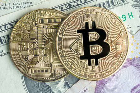 Bitcoins on Bank Note Background,Blockchain Technology, Bitcoin Mining Concept.の写真素材