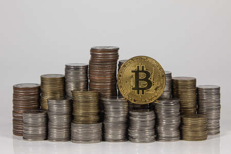 Bitcoin and coin stack with isolated background.の写真素材