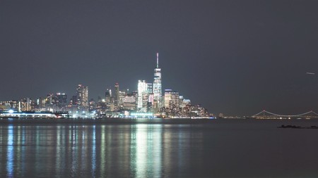 New York, New York - March 21 2017. Skyline of downtown Manhattan at nightのeditorial素材