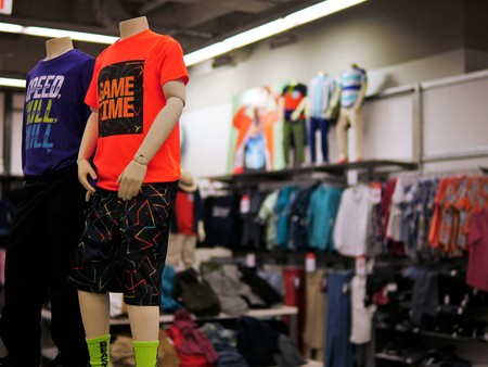 Edison New Jersey - April 1 2017. Summer fashion for young teenage men and boys displayed on mannequins in an apparel storeのeditorial素材
