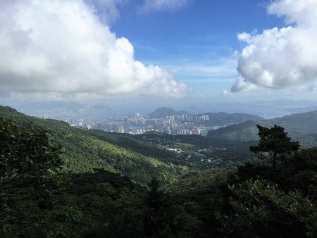 Overlooking Hongkong island and Kowloon from Highest peak of the territory, Tai Mo Shan, on a sunny summer day with blue sky, white fluffy cloud, and lush mountain.の写真素材