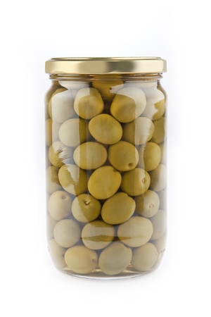 closeup photo of glass jar of green olives on white background の写真素材
