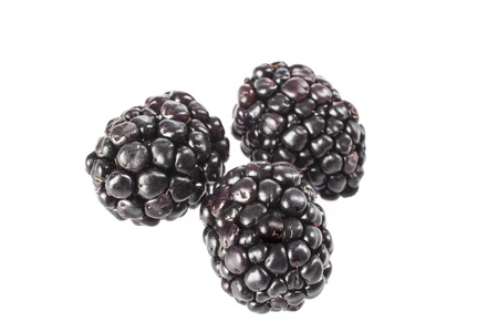 closeup photo of three ripe and juicy blackberries isolated on white background focus on frontの写真素材