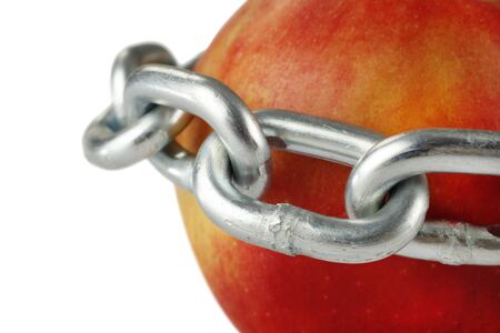 detail of a beautiful red, juicy apple encased in a rough metal chain isolated on white backgroundの写真素材