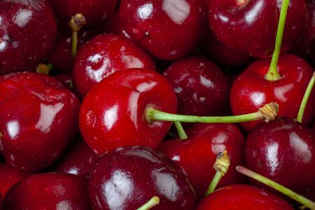 Studio Macro Detail Photo of Fresh Nice Cherries as Picked の写真素材