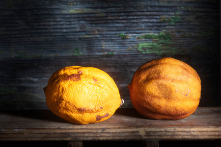 Two Dried Lemons in Sharp Light on Wooden Background,  .Macro Shot. Different  Dryness.