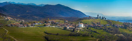Two Kojsko Churches  Panorama on Nearby Area. Wide View on Cultivated Area on Early Spring Day. Front View.の写真素材