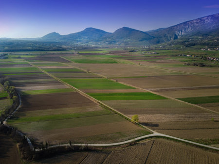 Complex of Fields in Vipava Valley Near Sempas. Drone Photo Taken in Vipava Valley In Slovenia,