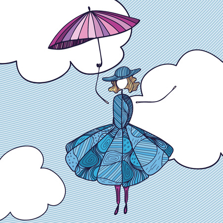 woman flying through the sky on the umbrella, beautiful vector illustrationのイラスト素材