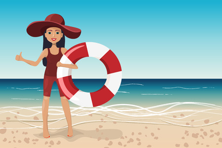 Beatiful girl with lifebuoy on the beach, vector illustrationのイラスト素材