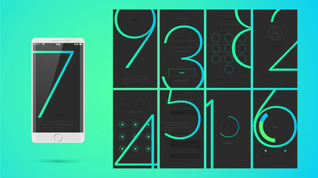Modern UI, GUI screen vector design for mobile app with UX and flat web icons. Wireframe kit for Lock Screen, Login page, Enter Passcode, User call, Application Loading, Text Messages and Stats Chart.のイラスト素材