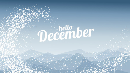 Geometric Blue abstract winter background with snow, mountains and Hello December text. Vector design New Year illustrationのイラスト素材