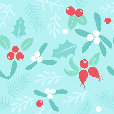 Vintage Merry Christmas And Happy New Year seamless pattern background. Berries, sprigs and leaves stylish vector illustration on winter greeting card. Good for cards, posters and banner designのイラスト素材