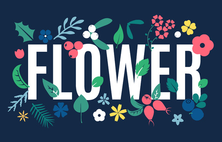 Vector set of flat flowers, leaves and berries icons silhouette isolated pattern. Cute bright color design for stickers, labels, tags, gift wrapping paper, greeting cards, posters and banner designのイラスト素材