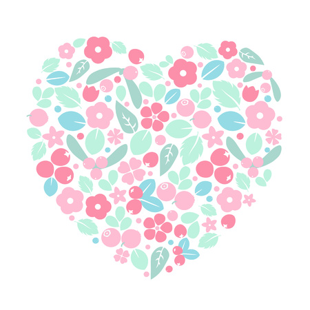 Vector flat flowers, leaves and berries color silhouette background. Creative cute pastel beautiful design for stickers, labels, tags, greeting cards, posters and banner designのイラスト素材