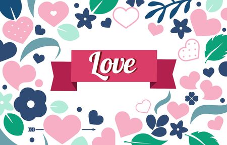 Vector love background with hearts and flowers. Creative design for party invitation, greeting card, poster and bannerのイラスト素材