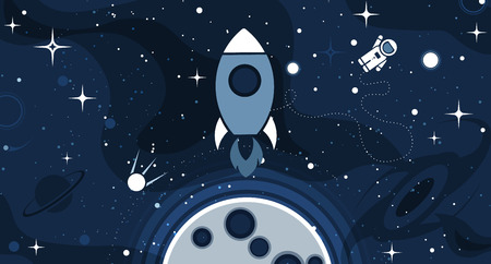 Vector flat cosmos design background. Cute template with Astronaut, Spaceship, Rocket, Moon, Black...