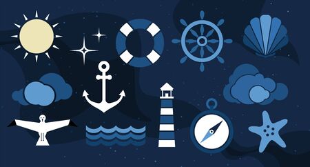 Vector flat sea design background. Cute template with seashell, seagull bird, lighthouse, lifebuoy, starfish, anchor and ocean waves.のイラスト素材
