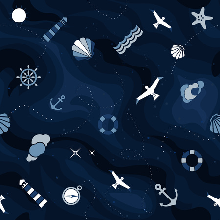 Vector flat sea seamless pattern background. Cute template with seashell, seagull bird, lighthouse, lifebuoy, starfish, anchor and ocean waves.のイラスト素材