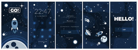 Vector flat cosmos background. Modern UI, GUI screen vector design for mobile app with UX and flat web icons. Cute template in space themeのイラスト素材
