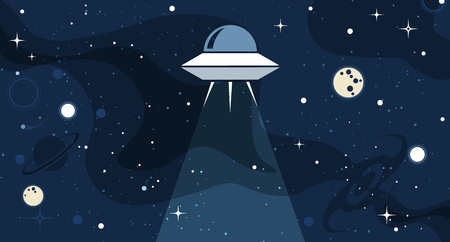 Vector flat cosmos design background. Cute template with alien Spaceship Ray, Moon, Stars in Outer...