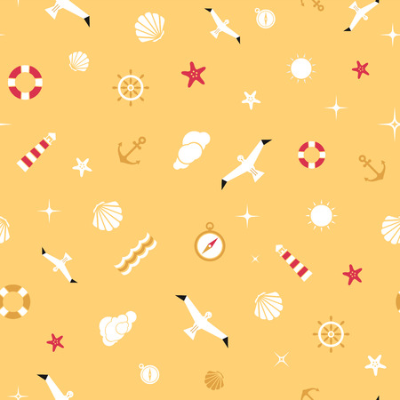 Vector flat sea seamless pattern background. Cute template with seashell, seagull bird, lighthouse, lifebuoy, starfish, anchor and ocean waves.のイラスト素材
