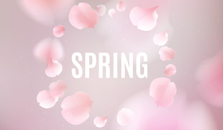 Pink sakura falling petals vector background. 3D romantic illustration with Spring text. creative soft color design for greeting card, flyer, invitation, poster, brochure, banner templateのイラスト素材