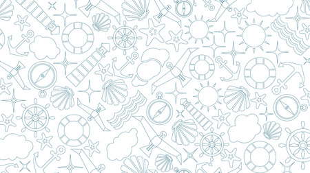 Cute template with seagull bird, lighthouse, lifebuoy, starfish, anchor and ocean waves.のイラスト素材