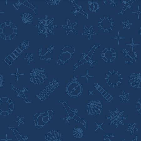 Cute template with seagull bird, lighthouse, lifebuoy, starfish, anchor and ocean waves.のイラスト素材