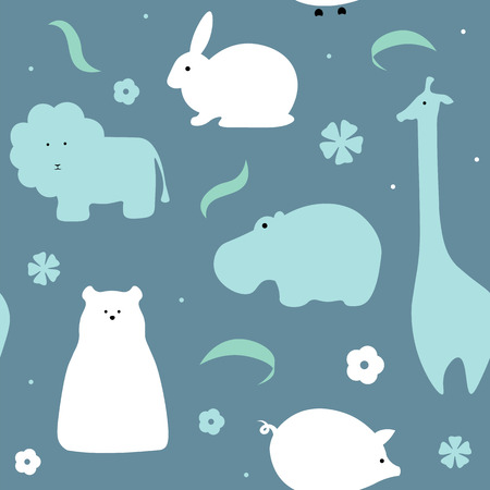 Vector flat animals design background. Cute seamless pattern with giraffe, lion, hippo, polar bear, pig, rabbitのイラスト素材