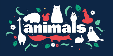Cute panoramic pattern with fox, giraffe, hippo, polar bear, squirrel, rabbitのイラスト素材