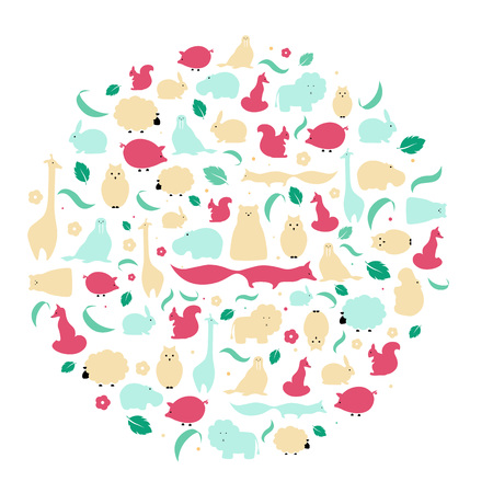 Creative Vector flat animals design background. Cute isolated pattern with fox, giraffe, hippo, polar bear, squirrel, rabbitのイラスト素材
