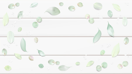 White pastel watercolor background. Soft green color leaves on wooden table illustration templateのイラスト素材