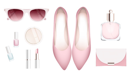 Fashion accessories collection. Sunglasses, lipstick, woman shoes, perfume. Spring style organic cosmetics set isolated background. White and pink soft color romantic vector illustration design.のイラスト素材