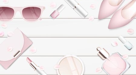 Fashion accessories collection. Makeup powder, lipstick, sunglasses, woman shoes, perfume. Spring style organic cosmetics background. White and pink soft color romantic vector illustration design.のイラスト素材