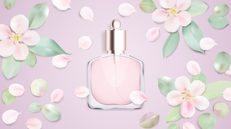 Fashion accessories collection. Toilet water perfume bottle with rose flower petals. Spring style organic cosmetics background. White and pink soft color romantic vector illustration design.のイラスト素材