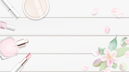 Fashion accessories collection. Makeup powder, lipstick, perfume with rose flower petals. Spring style organic cosmetics set isolated background. White and pink soft color romantic vector illustration design.のイラスト素材