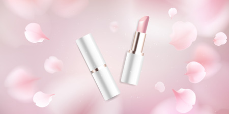 Fashion accessories collection. Lipstick with rose flower petals. Spring style organic cosmetics background. White and pink soft color romantic vector illustration design.のイラスト素材