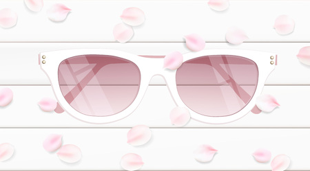 Fashion accessories collection. Sunglasses with rose flower petals. Spring style background. White and pink soft color romantic vector illustration design.のイラスト素材