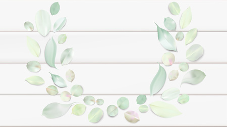 White pastel watercolor background. Soft green color leaves isolated ornament illustration template on wooden tableのイラスト素材