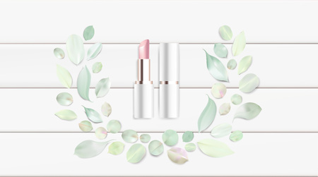 Fashion accessories collection. Lipstick with rose flower leaves wreath. Spring style organic cosmetics pattern. White and pink soft color romantic vector illustration design.のイラスト素材