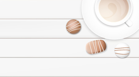 Pastel white morning background. Coffee cup and chocolate on wooden table top view. Soft color romantic vector illustration design.のイラスト素材