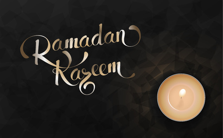 Dark color luxury background. Ramadan Kareem text and Candle on black table top view.のイラスト素材