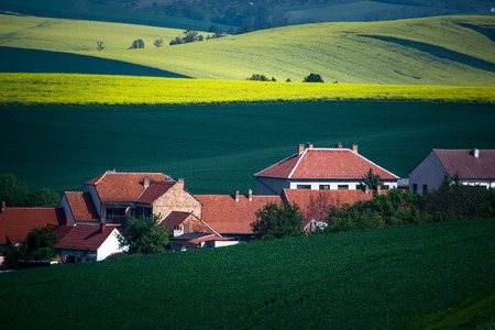 Green spring field and small village abstract eco paysage, countryside background. Summer rural panorama wallpaper.の写真素材