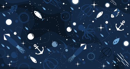 Sea life panoramic background with fish, anchor, octopus, squid, medusa and bubbles in the ocean. Water world vector illustration template for your design or wallpaper.のイラスト素材