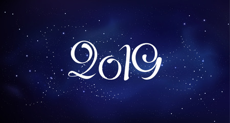 2019 New year background greeting card. Vector color template with deep space illustration. Creative holyday pattern ready for print or webのイラスト素材