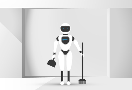 Modern robotic vector illustration background with stylish humanoid robot, smart home assistant, house helper with broom and scoop in the white room. Future concept elements designのイラスト素材