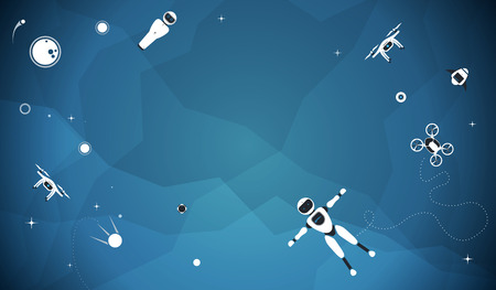 Modern robotic set vector illustration background with stylish drone, autonomous vehicle, flying car...