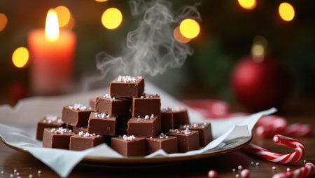 Christmas chocolate candies with marshmallows on a wooden table.の素材